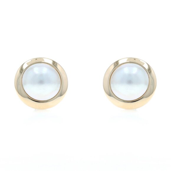Yellow Gold Mabe Pearl Large Stud Earrings - 14k Pierced - Picture 1 of 5